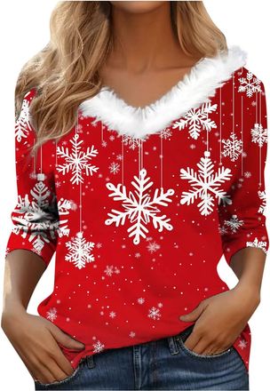 Generic Christmas Jumpers for Women Long Sleeve Lightweight, V-Neck,Fluffy Ladies Christmas Tops Elegant Xmas Jumpers Holiday Long Sleeve Tops Tree Print Grap