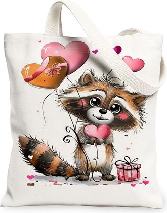 Generic Cute Raccoon Canvas Tote Bags, Adorable Animal Design Lightweight Washable Reusable Grocery Bags for ValentineS Day Shoppi, White, 13x15 Inch