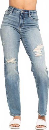 Judy Blue High Waisted Distressed Straight Leg Denim Jean In Medium Wash
