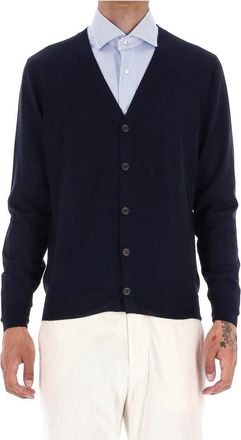 Drumohr Blauwe Cardigan Sweater Super 140s Lana - Heren - Vesten - Blauw - L - Wol - Truien & Vesten