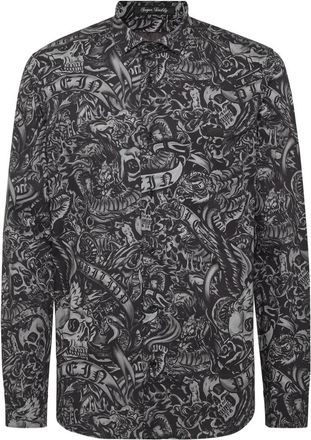 Philipp Plein Shirt Slim Fit Tattoo - Heren - Casual Overhemden - Zwart - L - Katoen - Overhemden