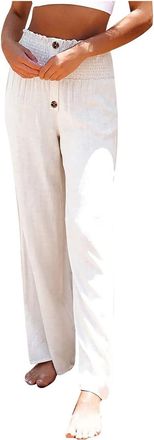 Generic Linen Trousers Womens Wide Leg Cotton Linen Lounge Pants Elastic High Waist Casual Trousers Loose Beach Pants Stretch Palazzo Trousers Solid Lightweig