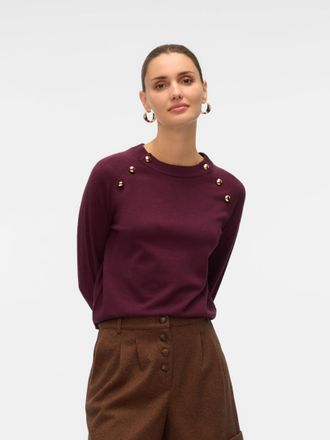 Vero Moda Strickpullover VERO MODA VMHAPPY LS O-NECK BUTTON PULLOVER BOO, Damen, Gr. L, winetasting detail:gold buttons, Strick, Obermaterial: 50% Viskose, 28% 