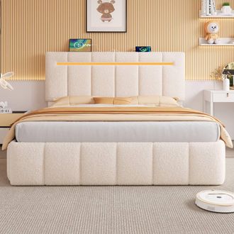 Merax Boucle Upholstered Ottoman Storage Bed with LED & Charging Station in Beige | Size: King