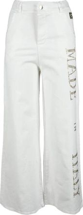Mar&ccedil;i by Gil Santucci Cropped White Wide-Leg Trousers With Emblazoned Detail