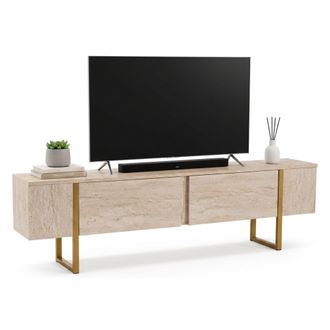 Dmora Dmora - Mueble De Televisi&oacute;n Lilith, Aparador De Sal&oacute;n, Mueble Bajo Para Tv, Base De Pared Equipada, 180x30 H50 Cm, Beige Y Oro