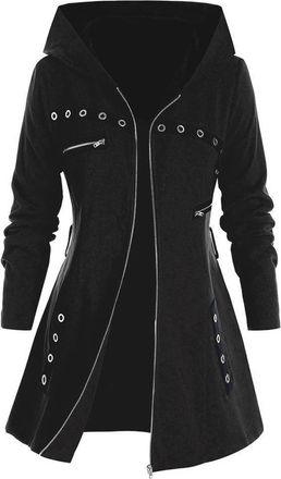 Generic Womens Mid-Length Hoodie With Belt, Retro Punk Style Hooded Jacket, Fashionable Slim Long Sleeve Pocket Zipper Hoodie, Black, XL