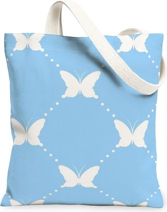 Generic Butterfly Print Canvas Tote Bags, Elegant Insect Design Reusable Grocery Bags, Summer Lightweight Washable Shoulder Strap C, Blue, 13x15 Inch