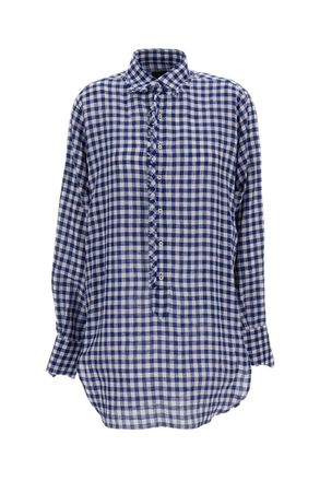 JEJIA Gingham Linen Shirt Dress with Fringed Collar
