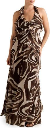 Ever New Etta Ruffle Halter Dress in Kerby Abstract at Nordstrom, Size 14