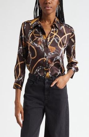L'agence Dani Western Chain Print Silk Button-Up Shirt in Brown Multi Chain at Nordstrom Rack, Size Xx-Small