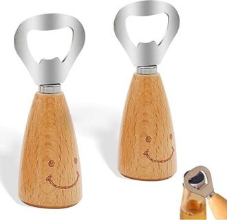 OEM Juego De 2 Abridores De Botellas Con Mangos De Madera En Forma De Carita Sonriente, Fabricados En Acero Inoxidable, F&aacute;ciles De Usar