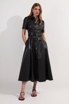Karen Millen Faux Leather Belted Midi Shirt Dress in Black at Nordstrom, Size 6