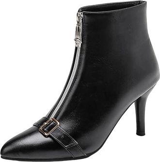 Generic Womens Fashion Ankle Boots Pointed Toe Medium Thin Heel Slip On With Front Zipper And Buckle Decoration Casual Shoes