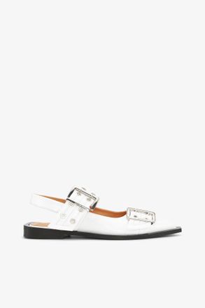 Ganni White Wide Welt Buckle Ballerinas - Size 35 Calf Leather