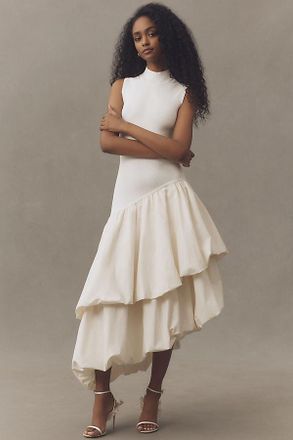 AMUR Eleonora Asymmetric Tiered Stretch Sequin Midi Dress