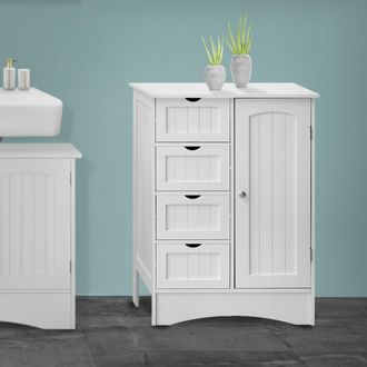 ML Design Ml-design - Armario Blanco Para Ba&ntilde;o Con 1 Puerta Y 4 Cajones 55x81x30 Cm, C&oacute;moda Independiente Con Mucho Espacio De Almacenamiento Estilo R&uacute;stico, Mu