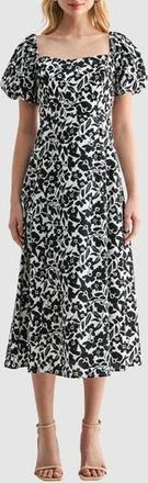 Lush Floral Puff Sleeve A-Line Midi Dress in White Black Floral at Nordstrom Rack, Size X-Small