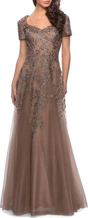 La Femme A-line Lace and Tulle Evening Dress with Beading in Cocoa at Nordstrom, Size 12