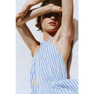 H&M Belted Halterneck Dress in Blue/striped at Nordstrom, Size Xx-Large