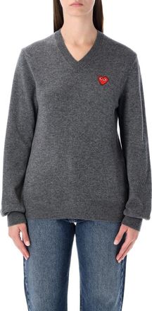 Comme Des Garçons Wool V-Neck Sweater With Red Heart And Crystals