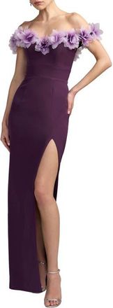 Mac Duggal Off The Shoulder Column Gown With 3D Flowers in Plum at Nordstrom, Size 12
