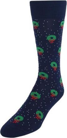 Trafalgar Store Deck The Halls Holiday Wreath Mid-Calf Mercerized Cotton Socks in Navy Blue at Nordstrom