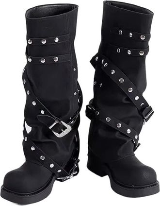 Generic Punk Women Boots Platform Trouser Legs High Boots Trend Punk Gothic Shoes Rock Leather Fashion Womens Shoes Motorcycle Footwear(Black,7.5US)