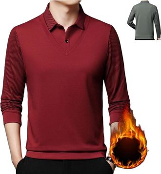 Generic Mens Fake Two Piece Lapel Long-Sleeve Tops,Mens Warm Striped Faux Two Piece Shirt,Casual Polo Top Knitted Sweater for Men Red