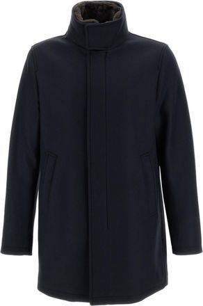 Herno Blue Ecowool Light Faux Fur Virgin Wool Coat