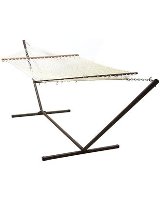 Sunnydaze 2-Person Double Cotton Rope Spreader Bar Hammock With 15 Steel Stand