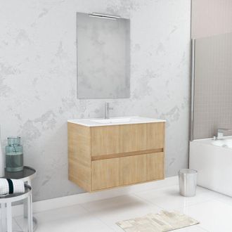 Aurlane Aurlane - Set Mobile Bagno 80 cm Rovere Chiaro 2 Cassetti, Lavabo, Specchio 60x80 e Applique Led - xenos