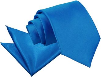 DQT Plain Glossy Satin Polyester Wedding Classic Neck Tie and Pocket Square Set for Men in Electric Blue