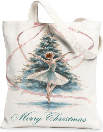 Generic Christmas Ballet Canvas Tote Bags, Elegant Dance Pattern Reusable Grocery Bags, Winter Lightweight Washable Shoulder Strap, White, 13x15 Inch