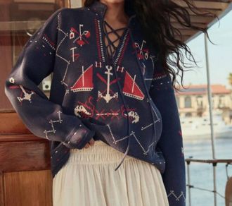 The Great. The Fisherman Lace Up Sweater In Navy