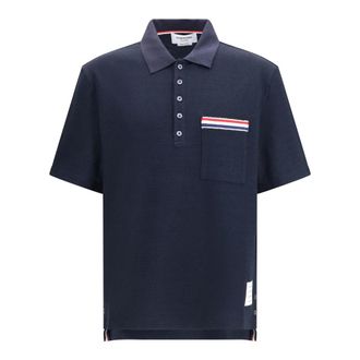 Thom Browne Textured Cotton Linen RWB Embroidered Short-Sleeve Polo - Heren - Tops - Blauw - Maat: M Katoen
