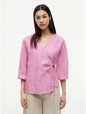 Tommy Hilfiger Womens Relaxed Fit Linen Side-Tie Blouse - Mini Classic Pink Stripe - 2