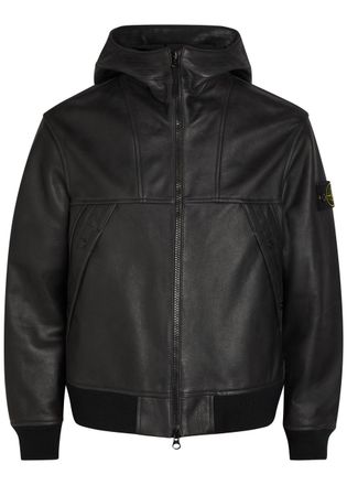 Stone Island Hooded Padded Grained Leather Jacket - Black - S