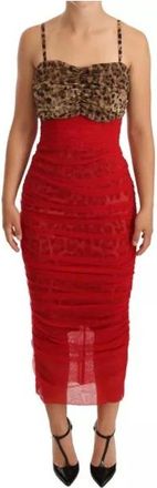 Dolce & Gabbana Leopard Print Sheath Midi Jurk met Korsetstijl - Dames - Maxi kleedjes - Rood - 2XS - Katoen - Kleedjes