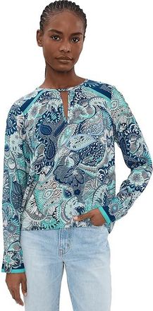 Liverpool L.A. Petite Long Sleeve Woven Top w/ Keyhole Neckline Womens Clothing Aqua Blue : PXS, Viscose