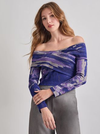 Misook Modern Fit Cropped Cross Body Watercolor Soft Knit Top