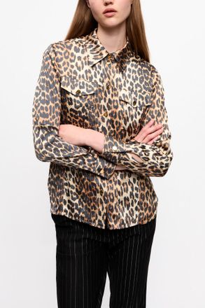 Ganni Mixed Leopard Print Satin Shirt - Size 32 Viscose