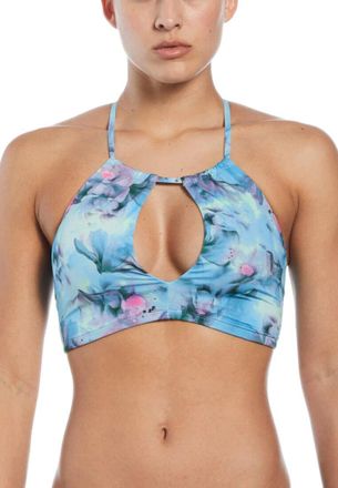 Nike Bikini Top Womens Aqua Floral Keyhole Neck Tie Back Swimwear SRT164
