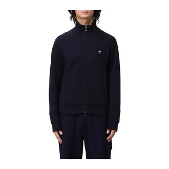 Emporio Armani Sweatshirt met volledige rits in dubbel jersey met micro-adelaar-borduurwerk - Heren - Sweatshirts & Hoodies - Blauw - Maat: S Jersey