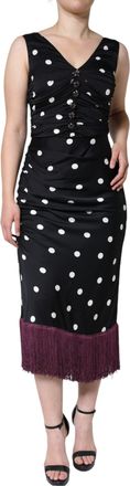 Dolce & Gabbana Womens Black Silk Polka Dot Vneck Tassel Midi Dress Elastane