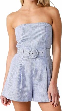 Olivaceous Off Shoulder Stripe Romper In Chambray Blue