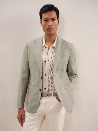 Reiss Sage Green Slim-fit Single-breasted Wool-blend Textured Blazer, 40