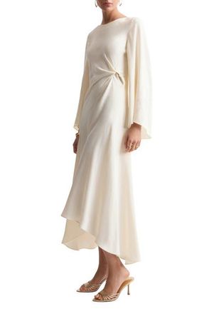 Mango Twist Flutter Sleeve Satin Dress in Ecru at Nordstrom, Size 2