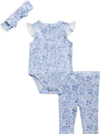 Little Me Cotton Floral Bodysuit, Leggings & Headband Set in Blue Floral at Nordstrom, Size 12M