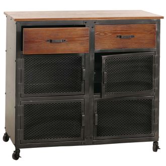 Hhg Nunca Usado] C&oacute;moda Hhg 081, Mueble, Ruedas 2 Cajones, Estructura 3d Retro Industrial Metal Madera 90x100x40cm, Negro, Marr&oacute;n